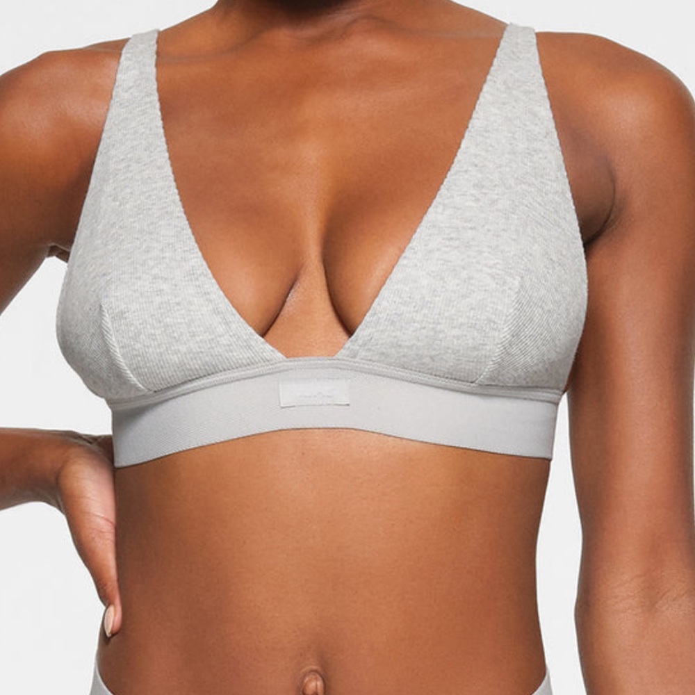 NWT SKIMS Cotton Rib Plunge Bralette in Light Heather Grey XL
